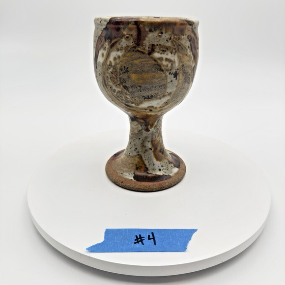 Studio Art Pottery Goblet Chalice Cup Textured Glazed Brown Gray Stoneware #4 - Picture 10 of 10